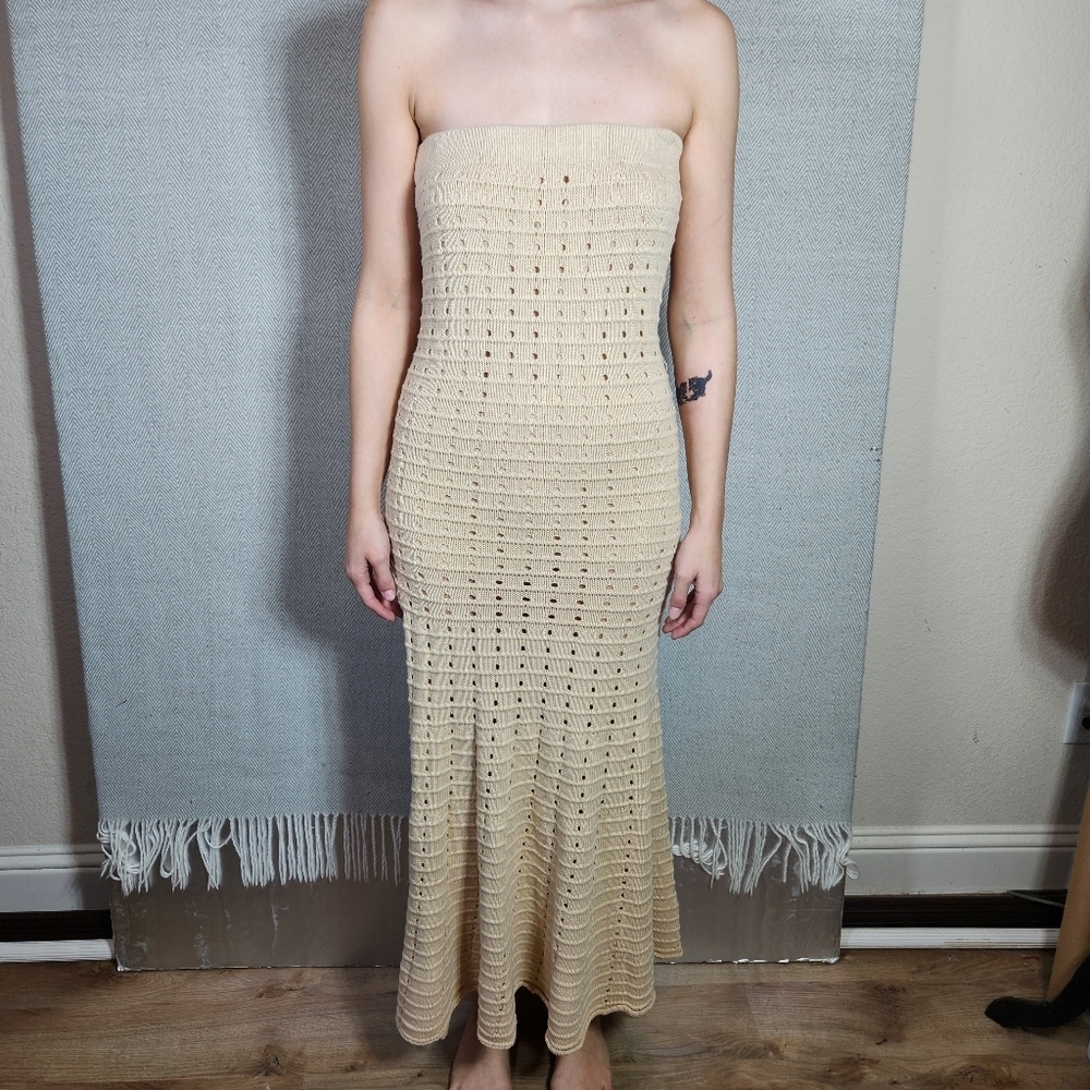 Fore Womens Large Cream Knit Maxi Skirt Sweater W Side Slit 100% cotton - Picture 4 of 14